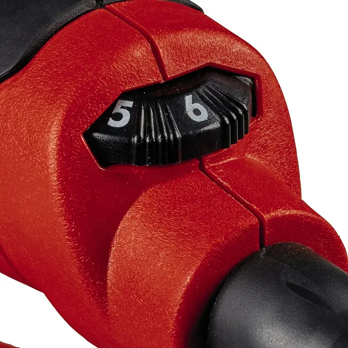 Einhell Classic Elektro-Exzenterschleifer TC-RS 425 E - 425 W, Durchmesser Schleifteller: 125 mm - Nahaufnahme eines rot-schwarzen Einhell-Werkzeugs, das auf Stufe 6 eingestellt ist. Werkzeug für Heimwerker und Profis.