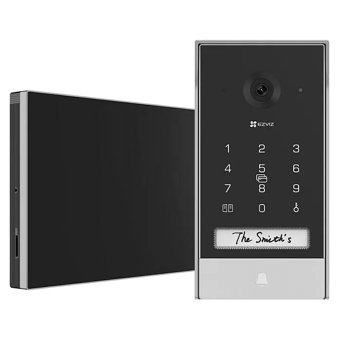 EZVIZ Videoportero en color EP7 - Tamaño de bombilla: 7 ", 2.048 x 1.296 píxeles, Con energía solar - Sistema de videoportero moderno negro/plata con monitor y unidad exterior (cámara, teclado, timbre).