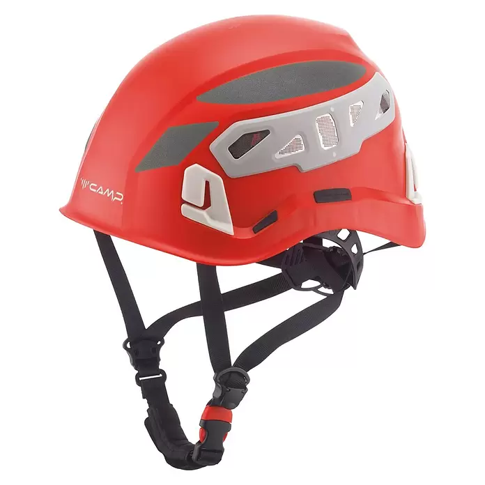 OX-ON Schutzhelm Camp Ares Air Pro - Rot - Roter Kletterhelm mit grauen und weißen Akzenten, Belüftung und schwarzem verstellbarem Gurtsystem.