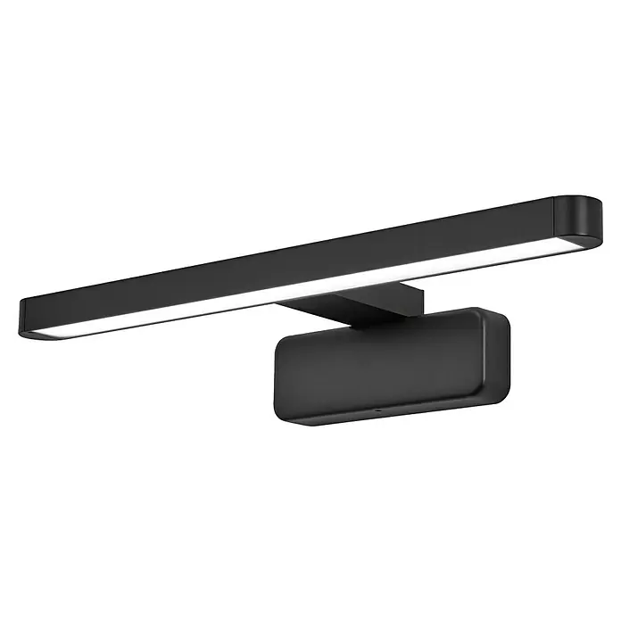 Ledvance Orbis LED-Spiegelleuchte Disc - 7 W, L x B x H: 40 x 12 x 7 cm, Schwarz, Warmweiß - Nahaufnahme einer stilvollen, schwarzen LED-Wandleuchte, die modernes Design und effiziente Beleuchtungslösungen vereint.