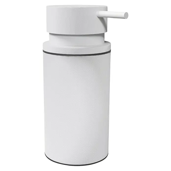 Camargue Antwerpen Dispensador de jabón - Blanco - Primer plano de un dispensador de jabón blanco. Un elegante dispensador cilíndrico con un diseño moderno y un pico lateral para facilitar la dispensación.