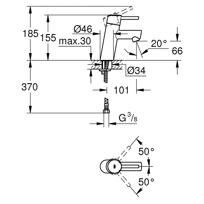 Grohe Concetto Waschtischarmatur S-Size - Ohne Zugstange, Chrom, Glänzend - Detailansicht der Armatur mit Maßangaben zu Höhe, Ausladung und Durchmesser für Installationszwecke.