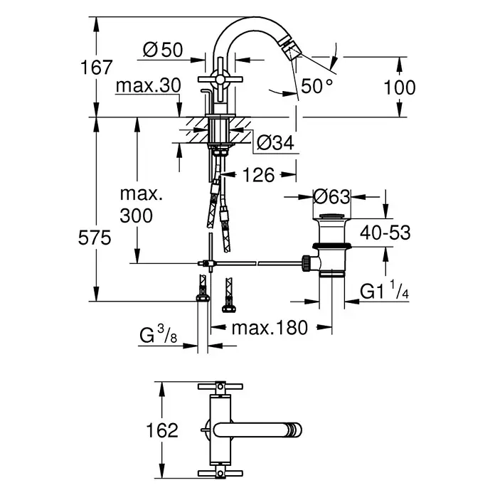 Grohe Atrio Bidetarmatur - Kreuzgriff, Chrom, Glänzend - Produktbild eines Wasserhahns mit Maßangaben zu Höhe, Durchmesser und Ausladung in Millimetern.
