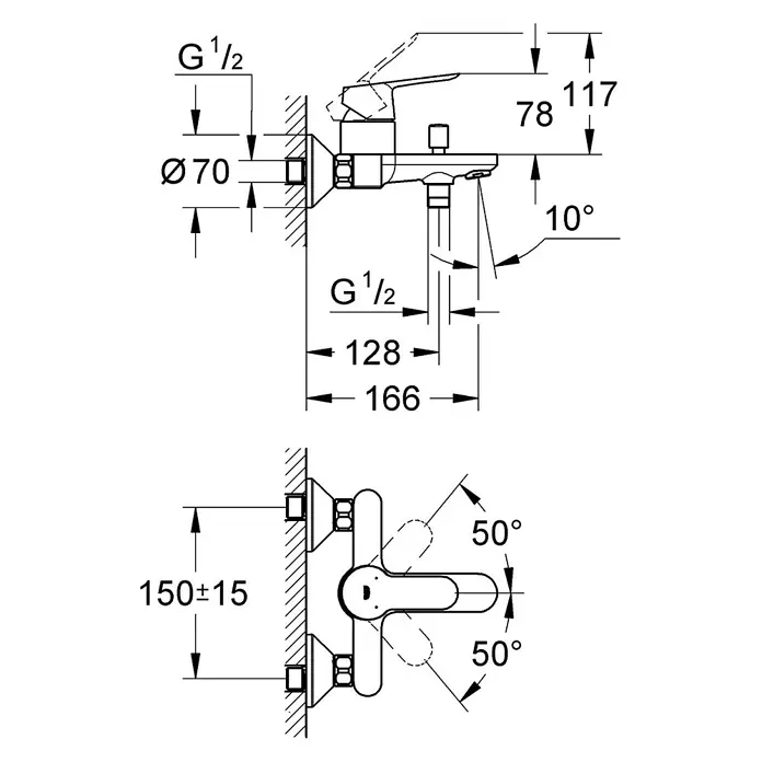 Grohe BauEdge Badewannenarmatur - Ausladung Armatur: 166 mm, Chrom, Glänzend - Abbildung einer detaillierten technischen Zeichnung einer Armatur mit Maßangaben für Installationen.