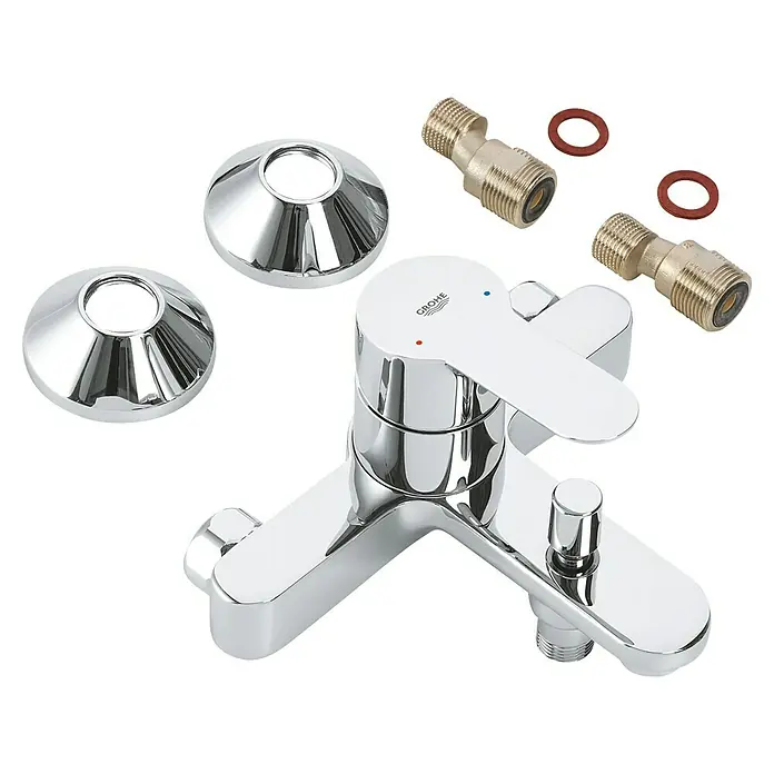 Grohe BauEdge Badewannenarmatur - Ausladung Armatur: 166 mm, Chrom, Glänzend - Ein glänzender Chrom-Badewannenmischer mit passenden Anschlüssen und Rosetten für eine stilvolle Installation im Badezimmer.