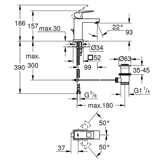 Grohe Eurocube Waschtischarmatur S-Size - Chrom, Glänzend, Mit Zugstange, Mit Durchflussbegrenzung - Produktansicht des Wasserhahns mit Maßangaben zu Höhe, Ausladung und Anschlüssen für eine detaillierte Installation.