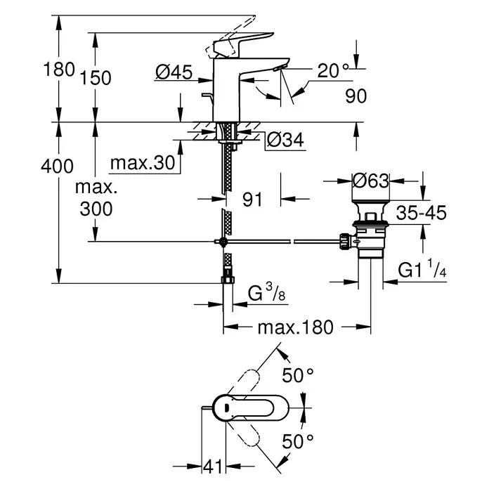 Grohe BauEdge Waschtischarmatur S-Size mit Energie-Sparfunktion - Chrom, Glänzend - Eine technische Zeichnung einer Armatur mit verschiedenen Maßangaben, inklusive Durchmesser und Winkeln für Installationszwecke.