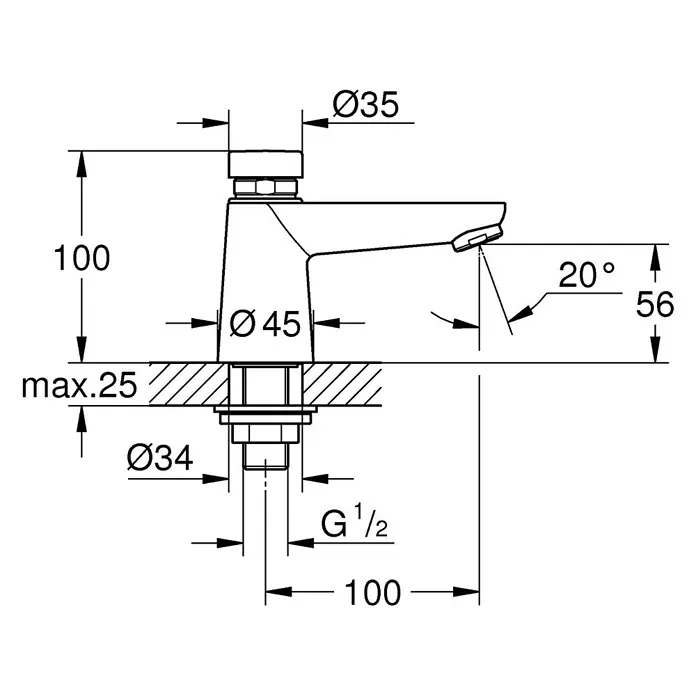 Grohe Euroeco CT Kaltwasser-Standventil - Chrom, Glänzend - Abbildung einer technischen Zeichnung einer Armatur mit verschiedenen Maßangaben zu deren Dimensionen.