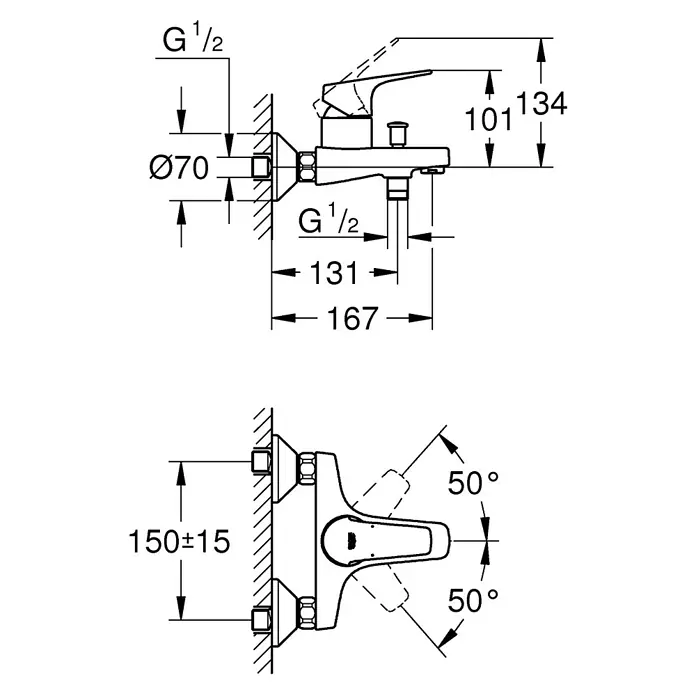 Grohe BauFlow Badewannenarmatur - Ausladung Armatur: 167 mm, Chrom, Glänzend - Technische Zeichnung einer Waschtischarmatur mit Maßangaben zu Anschlüssen, Höhe und Ausladung.