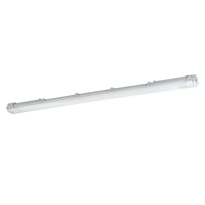 Eglo Feuchtraumleuchte Expert Basic - 30 W, Grau, Neutralweiß, 126 cm, 9,9 cm - Nahaufnahme einer länglichen, wasserdichten LED-Leuchte, die sich ideal für Feuchträume oder Aussenbereiche eignet. Die Leuchte ist robust und langlebig.