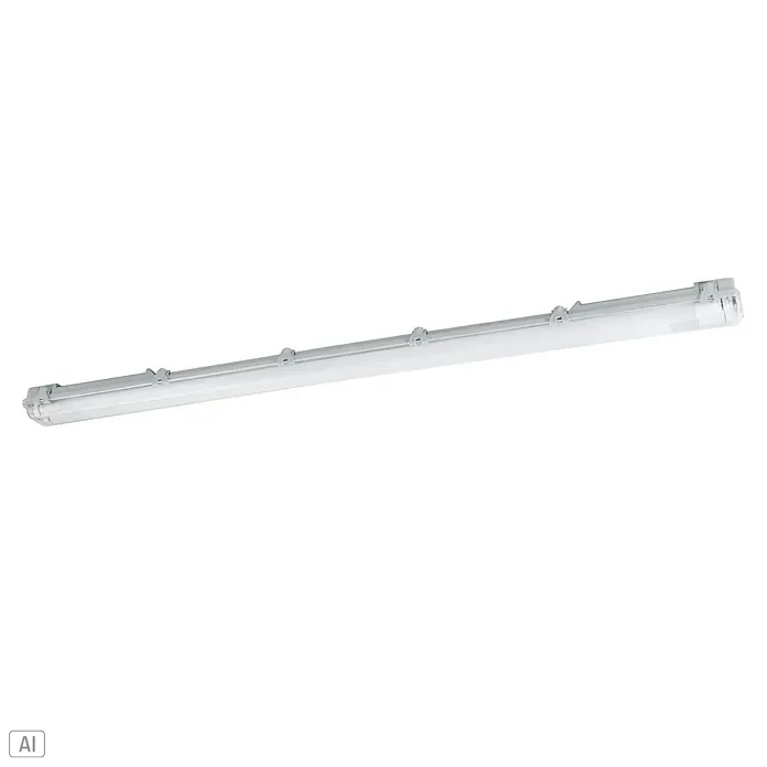 Eglo Wand- & Deckenleuchte Expert Basic - 15 W, Neutralweiß, 3.400 lm, 125,8 x 9,9 x 5,6 cm - Nahaufnahme einer länglichen, wasserdichten LED-Leuchte, die sich ideal für Feuchträume oder Aussenbereiche eignet. Die Leuchte ist robust und langlebig.