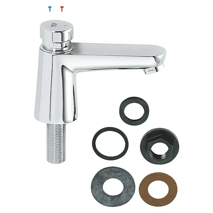 Grohe Euroeco CT Kaltwasser-Standventil - Chrom, Glänzend - Produktabbildung eines glänzenden Grohe Wasserhahns mit Installationsmaterialien.