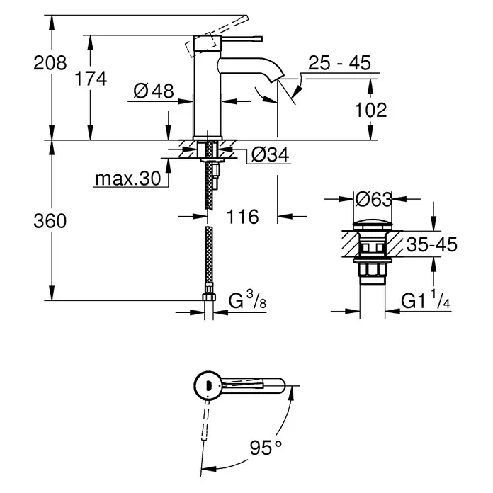 Grohe Essence New Waschtischarmatur S-Size - Hochdruck, Verchromt, Glänzend - Technische Zeichnung eines Wasserhahns mit allen Maßangaben.