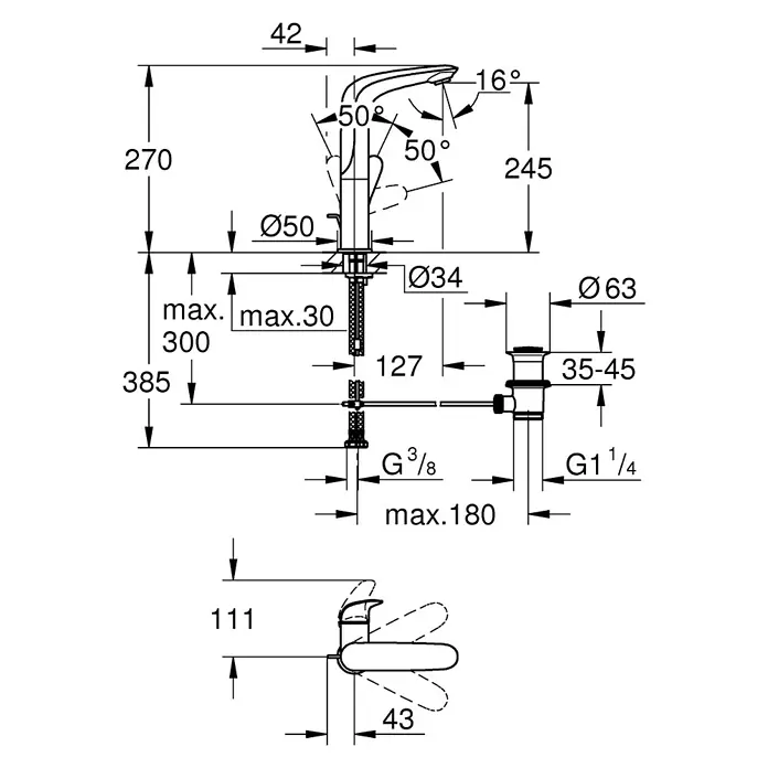Grohe Eurostyle Solid Waschtischarmatur L-Size - Chrom, Glänzend - Produktzeichnung eines Wasserhahns mit Maßangaben zu Höhe, Ausladung und Durchmesser relevanter Bauteile.