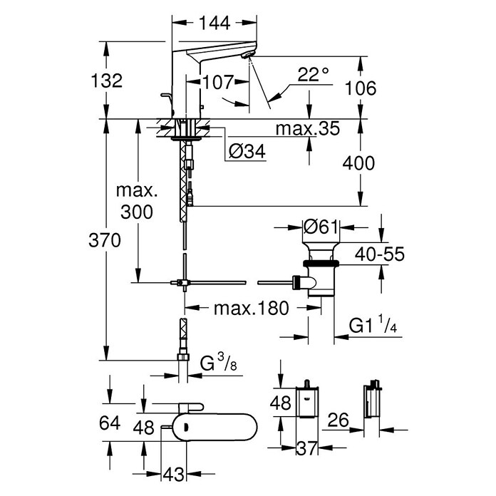 Grohe Eurosmart Waschtischarmatur mit Temperaturregulierung, batteriebetrieben (Mit Ablaufgarnitur, Infrarot-Elektronik, Chrom, Glänzend) | BAUHAUS