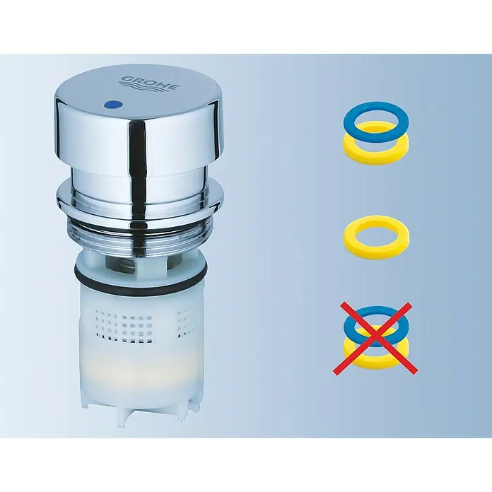 Grohe Euroeco CT Kaltwasser-Standventil - Chrom, Glänzend - Produktbild eines Grohe-Wasserhahn-Ersatzteils mit Dichtungsringen, die die korrekte Installation zeigen.