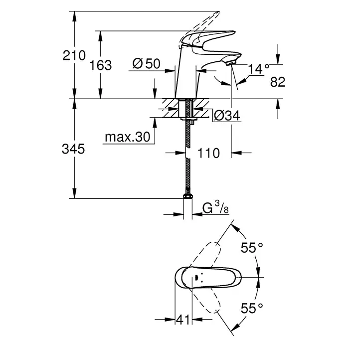 Grohe Eurostyle Solid Waschtischarmatur S-Size - Chrom, Glänzend, Ohne Zugstange - Eine schematische Zeichnung einer Armatur mit Maßangaben zu Höhe, Durchmesser und Winkel.