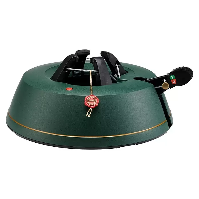 Krinner Christbaumständer Best Choice L - Rund - Dunkelgrüner Christbaumständer mit Goldakzent, schwarzem Hebel-Klemmsystem und rotem Krinner Qualitätssiegel.