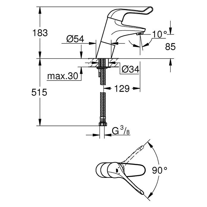 Grohe Euroeco Special Waschtischarmatur Euroeco Special SMB groß - Chrom, Glänzend - Technische Zeichnung einer Armatur mit Maßangaben, einschließlich Höhe (515 mm) und Ausladung (85 mm), zur detaillierten Produktinformation.