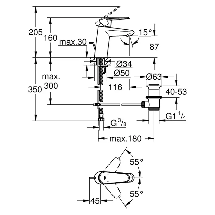 Grohe Eurodisc Cosmopolitan Waschtischarmatur S-Size mit Energiesparfunktion - Mit Zugstange, Chrom, Glänzend - Produktbild mit Maßangaben einer Armatur, inklusive Höhe, Durchmesser und Winkel. Ideal für Planer und Installateure.