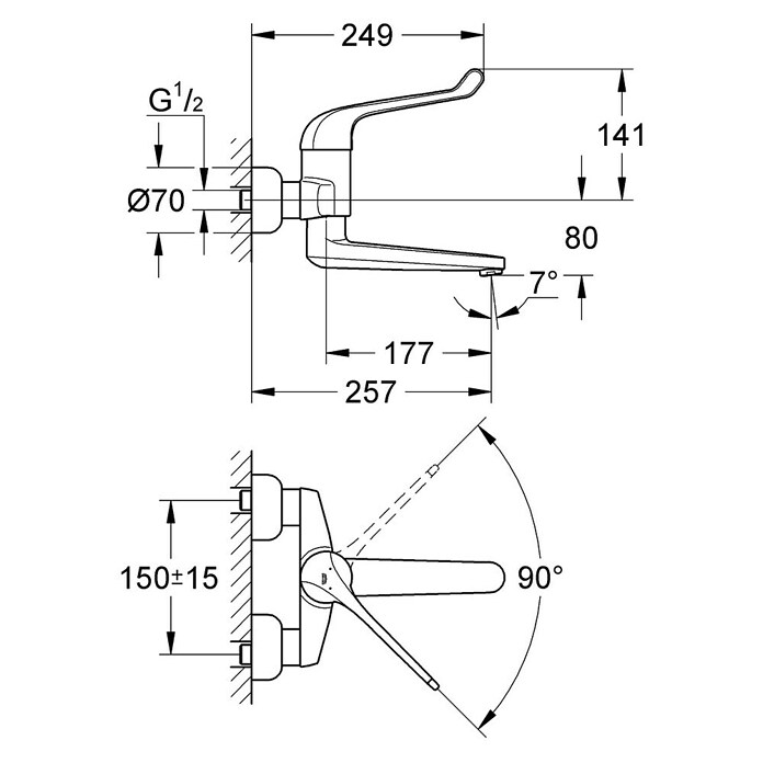 Grohe Euroeco Special Waschtischarmatur (Wandmontage, Chrom, Glänzend, Ausladung Armatur: 256 mm, Ohne Zugstange) | BAUHAUS