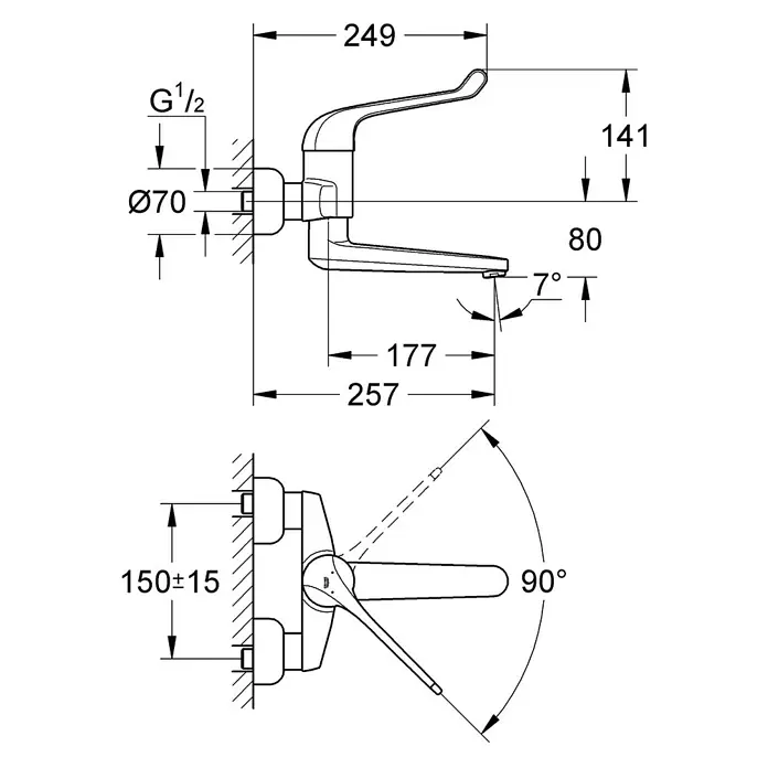 Grohe Euroeco Special Waschtischarmatur - Wandmontage, Chrom, Glänzend, Ausladung Armatur: 256 mm, Ohne Zugstange - Technische Zeichnung einer Waschtischarmatur mit Maßangaben.
