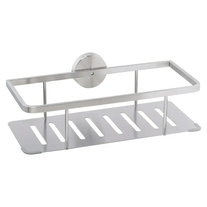 Camargue Paris Duschkorb - L x B x H: 13,3 x 28,2 x 10 cm, Edelstahl, Matt - Ein silberfarbener Duschkorb mit Ablauflöchern und einer runden Wandbefestigung für die Dusche zur Aufbewahrung von Duschutensilien.