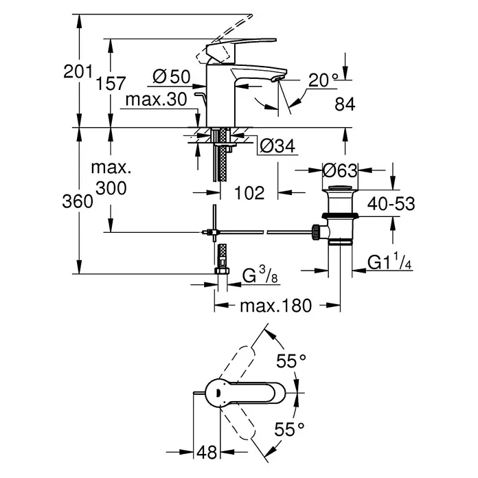 Grohe Eurostyle Cosmopolitan Waschtischarmatur S-Size - Chrom, Glänzend, Mit Zugstange, Mit Durchflussmengenbegrenzung - Eine detaillierte Skizze einer Armatur mit allen Maßen, inklusive Höhe, Durchmesser und Winkelangaben.