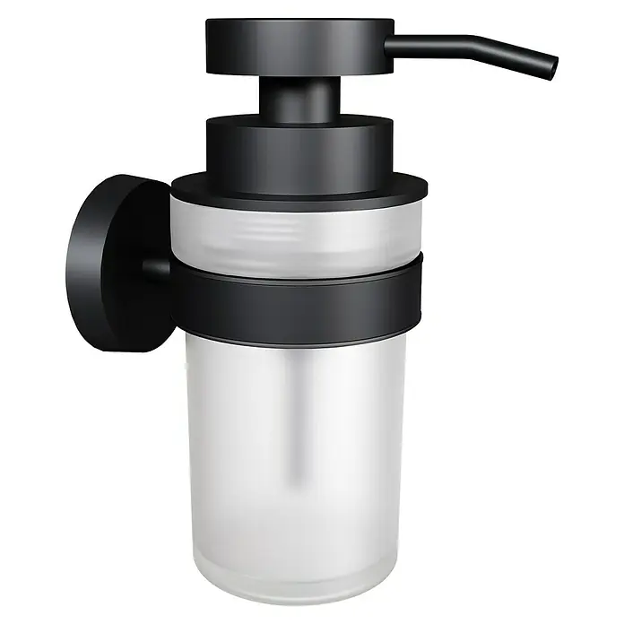 Camargue Paris Seifenspender - Edelstahl, Schwarz - Eleganter, mattschwarzer Seifenspender zur Wandmontage mit einem Behälter aus satiniertem Glas für stilvolle Hygiene im Bad.