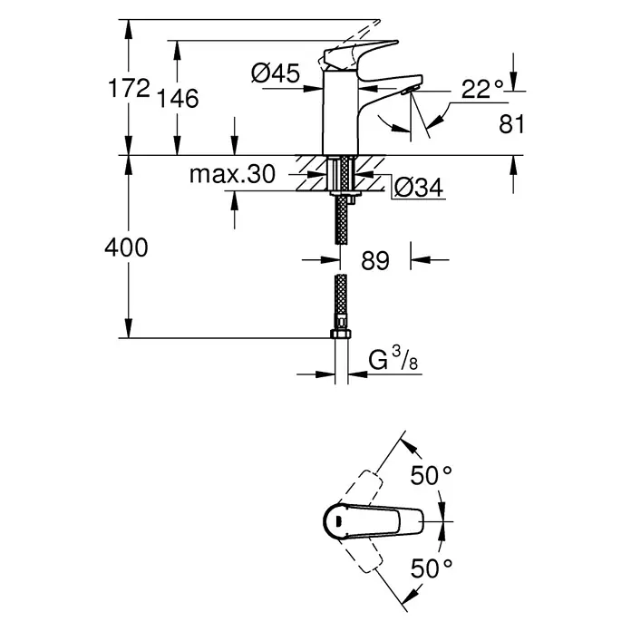 Grohe BauFlow Waschtischarmatur S-Size - Chrom, Glänzend - Eine technische Zeichnung einer Armatur mit Bemaßungen, die Details zur Installation und den Abmessungen des Produkts liefert.