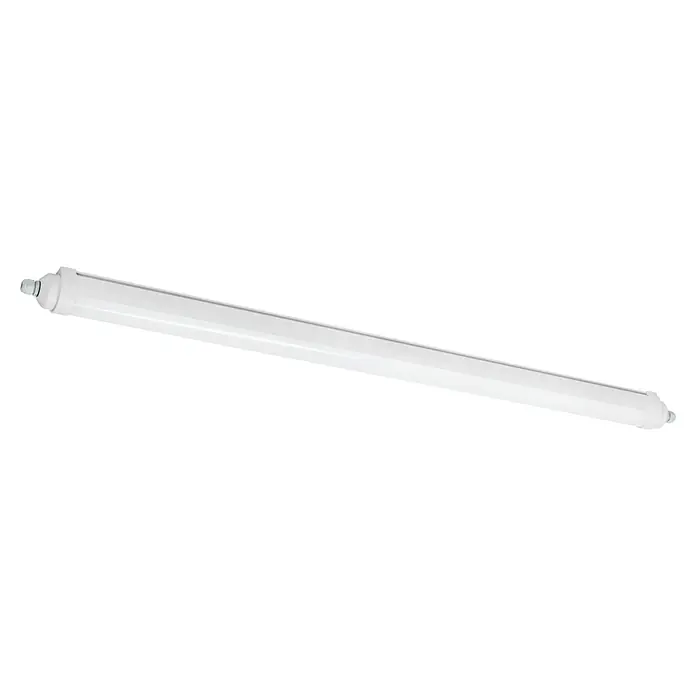 Eglo Feuchtraumleuchte Expert Easy Fix - 31 W, L x B x H: 149 x 6,7 x 7,2 cm, Grau, Neutralweiß - Eine weiße, längliche LED-Leuchte, die sich ideal für Feuchträume eignet, ist hier im Bild zu sehen. Die Leuchte ist robust und wasserfest.