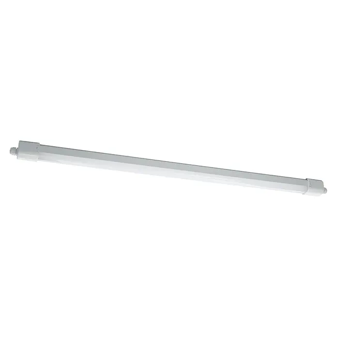 Eglo Feuchtraumleuchte Expert Slim Cct - L x B x H: 110,5 x 5,8 x 5,5 cm, Warmweiß - Eine Aufnahme einer weißen LED-Leuchtstoffröhre vor einem schwarzen Hintergrund, die sich ideal für eine energieeffiziente Beleuchtung eignet.