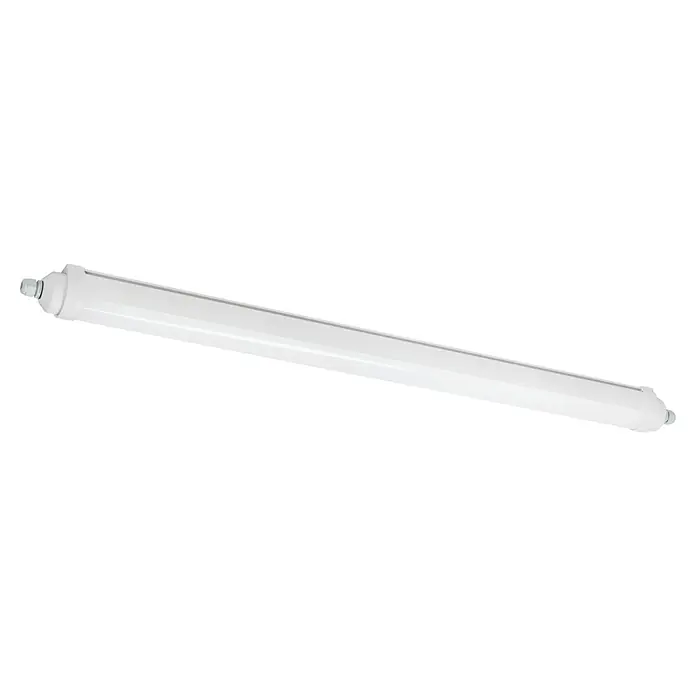 Eglo Feuchtraumleuchte Expert Easy Fix - 22,5 W, L x B x H: 109 x 6,7 x 7,2 cm, Grau, Neutralweiß - Das Bild zeigt eine weiße LED-Wannenleuchte. Die Lampe ist schlank und länglich, mit abgerundeten Endkappen. Perfekt für feuchte Umgebungen.