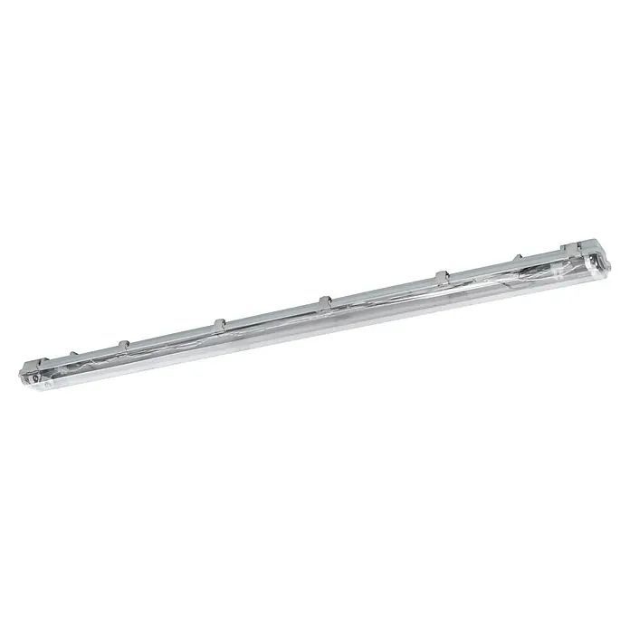 Eglo Feuchtraumleuchte Expert Basic Plus - 46 W, Grau, Neutralweiß, 156 cm, 9,9 cm - Nahaufnahme einer hellen, länglichen LED-Leuchte mit einer transparenten Abdeckung und mehreren Befestigungsclips entlang des Gehäuses.