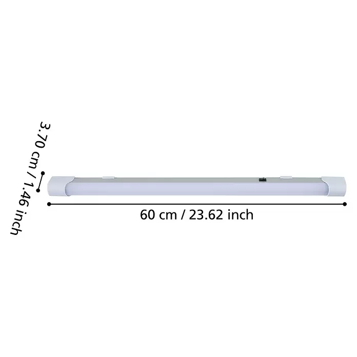 Eglo LED-Unterbauleuchte Mattanza - L x B x H: 60 x 3 x 4 cm, Lichtfarbe: Neutralweiß, 220 V - 240 V - Weiße LED-Röhrenleuchte mit transluzenter Abdeckung und schwarzem Schalter, Maße 60 cm x 3,70 cm.