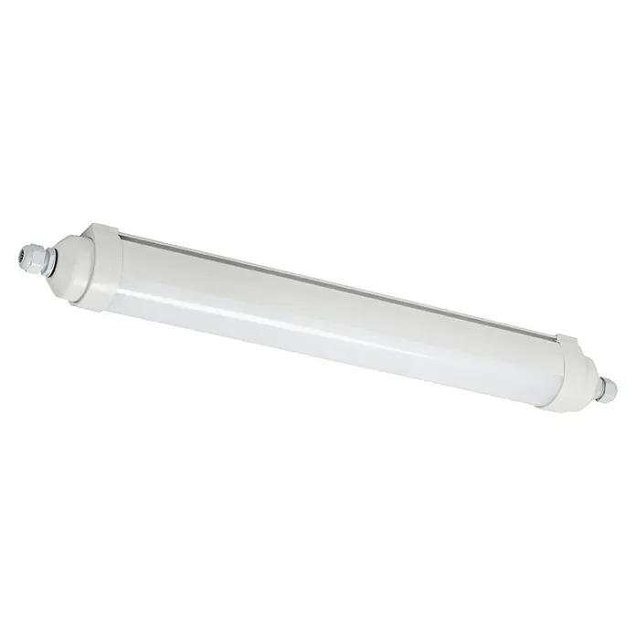 Eglo Feuchtraumleuchte Expert Easy Fix - 12 W, L x B x H: 60 x 6,7 x 7,2 cm, Grau, Neutralweiß - Nahaufnahme einer wasserdichten LED-Leuchte mit weißem Gehäuse, die sich ideal für feuchte Umgebungen eignet. Robuste Konstruktion für langlebige Leistung.