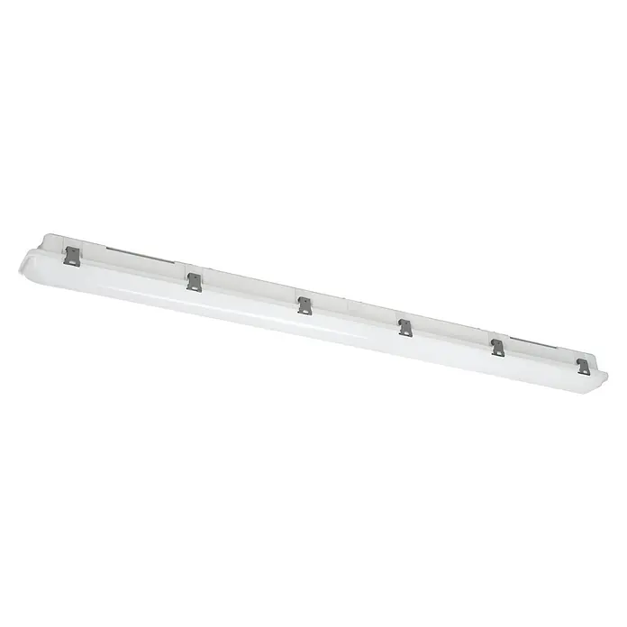 Eglo Feuchtraumleuchte Expert Prime - 24 W, L x B x H: 119 x 8,5 x 8 cm, Grau, Neutralweiß - Nahaufnahme einer weißen Feuchtraumleuchte mit Befestigungsclips, ideal für Keller und Garagen. Langlebige und wasserfeste Beleuchtung.