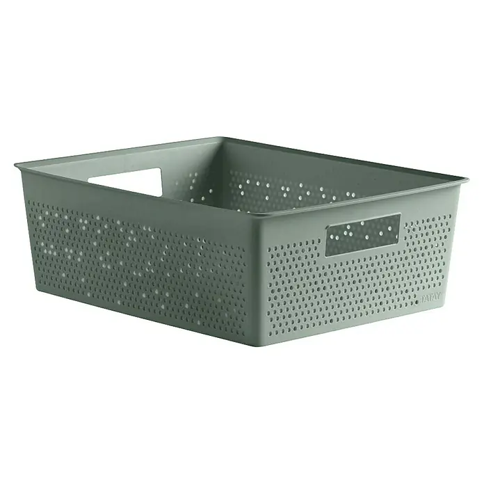 Tatay Bohol Cesta para baño - L x An x Al: 39 x 39 x 13,5 cm, Verde sage - En la imagen, una cesta de plástico gris de Tatay, con asas troqueladas y diseño perforado, perfecta para almacenamiento y organización.