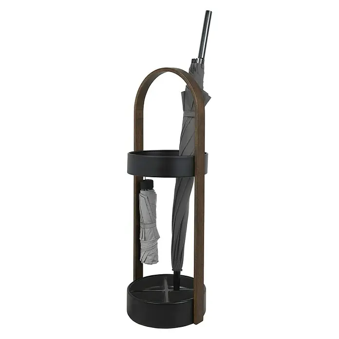 Umbra Regenschirmständer Hub - Ø x H: 22,2 x 68,6 cm, Walnuss - Moderner Schirmständer aus Holz und Metall mit zwei Regenschirmen. Praktische und stilvolle Aufbewahrung für jeden Flur.