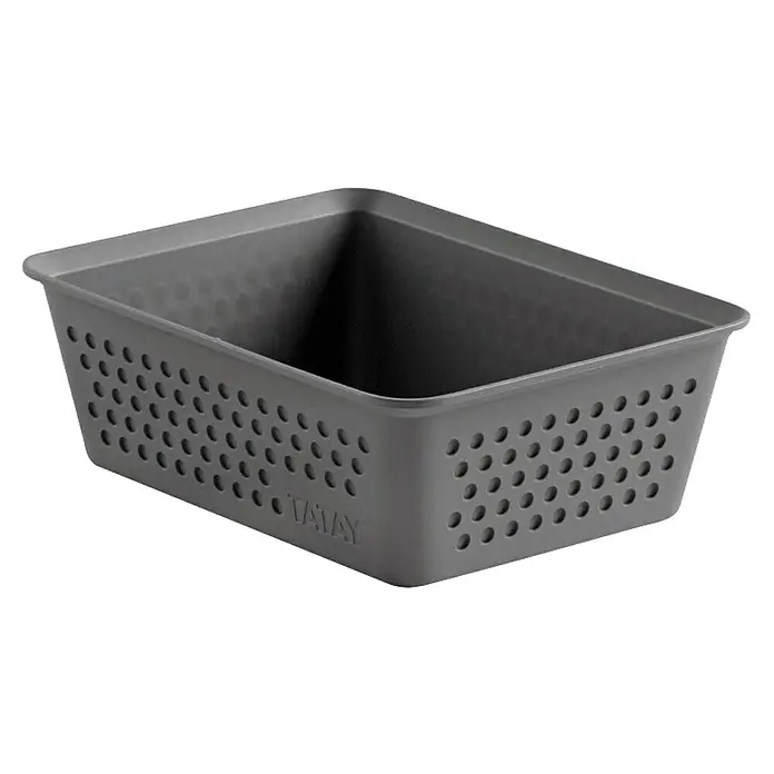 Tatay Bohol Organizador A6 - L x An x Al: 12,5 x 16,5 x 5,5 cm, Antracita - Imagen de una cesta de plástico gris con paredes laterales perforadas, ideal para guardar diversos artículos en el hogar.