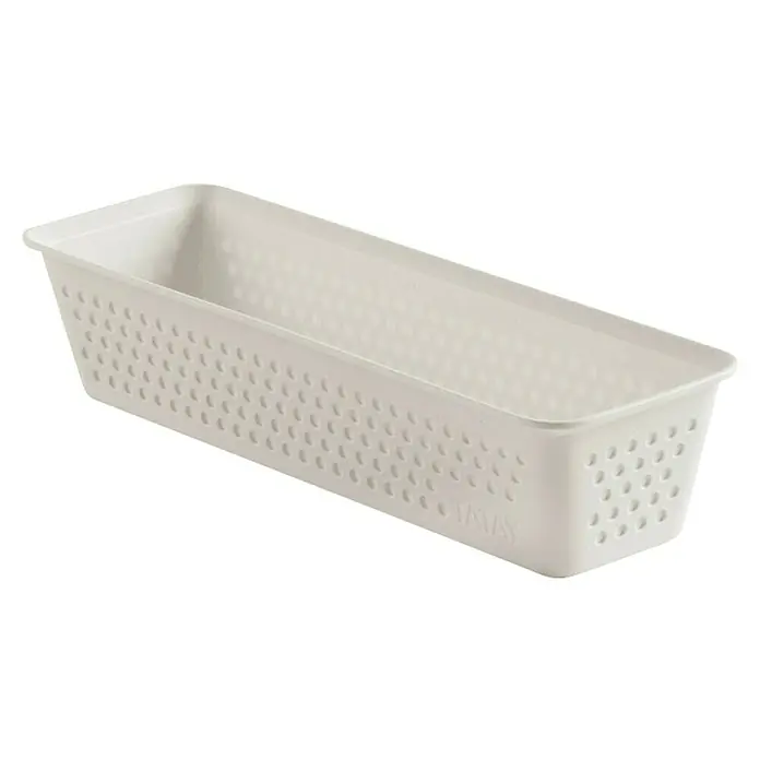 Tatay Bohol Organizador Slim - L x An x Al: 8,5 x 26 x 5,5 cm, Blanco sky - Primer plano de una cesta de almacenamiento alargada de plástico blanco con un diseño perforado, ideal para organizar y ordenar.
