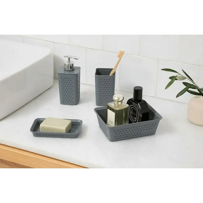 Tatay Bohol Dispensador de jabón - L x An x Al: 7 x 65 x 16 cm, Plástico, Antracita - Juego de accesorios de baño grises con dispensador de jabón, vaso, jabonera y bandeja para cosméticos en un lavabo.