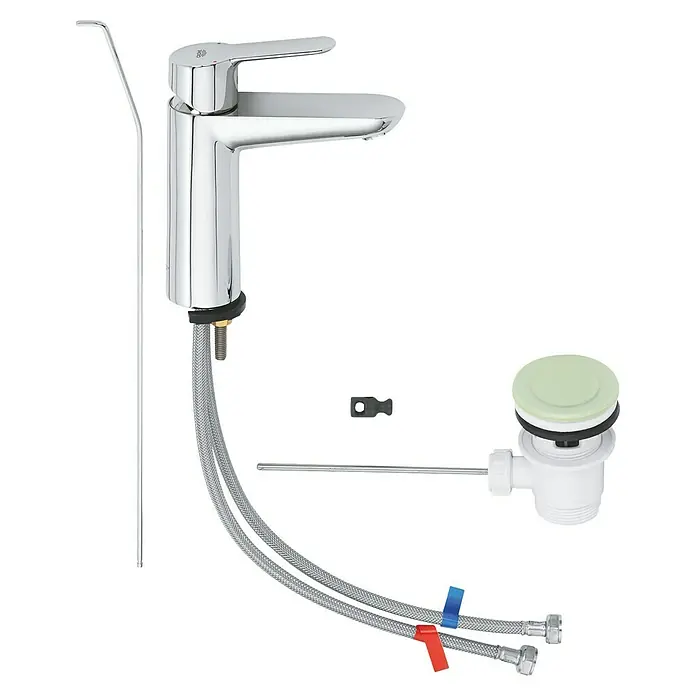 Grohe BauEdge Waschtischarmatur M-Size - Chrom, Glänzend - Hier ist ein Chrom-Wasserhahn mit Zubehör für eine einfache Installation und ein elegantes Badezimmer-Upgrade.