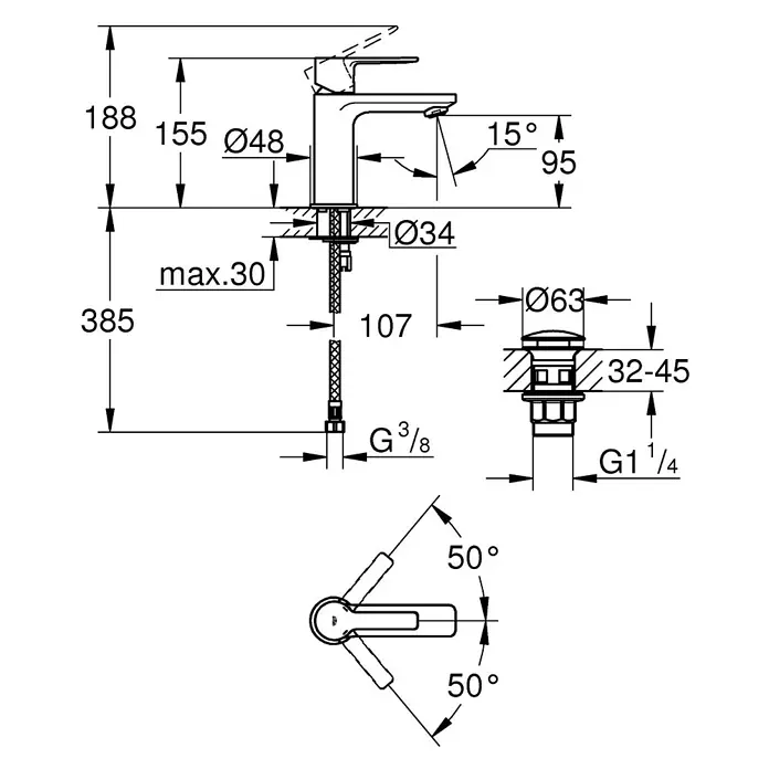 Grohe Lineare Waschtischarmatur XS-Size - Push-Open-Ablaufventil, Chrom, Glänzend - Eine technische Zeichnung eines Wasserhahns mit Maßangaben zu Höhe, Durchmesser und Winkeln für Installationszwecke.