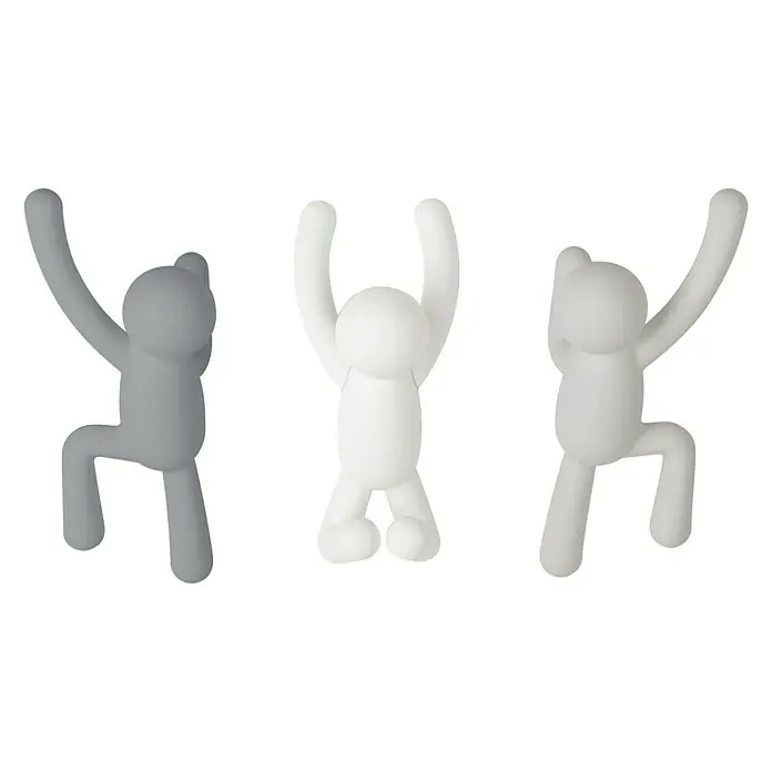 Kleiderhaken Buddy - 7,5 x 16,5 cm, Weiß/Grau, Traglast: 2,2 kg/Haken - Drei dekorative Buddy Wandhaken in Grau und Weiß. Ideal für Jacken oder Accessoires. Stylische und funktionale Wanddekoration.