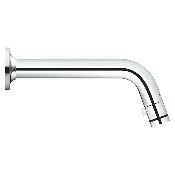 Grohe Waschtischarmatur Universal - Wandmontage, Chrom, Glänzend, Ausladung Armatur: 185 mm - Nahaufnahme eines verchromten Wasserhahns mit einem modernen, geschwungenen Design vor einem neutralen Hintergrund.