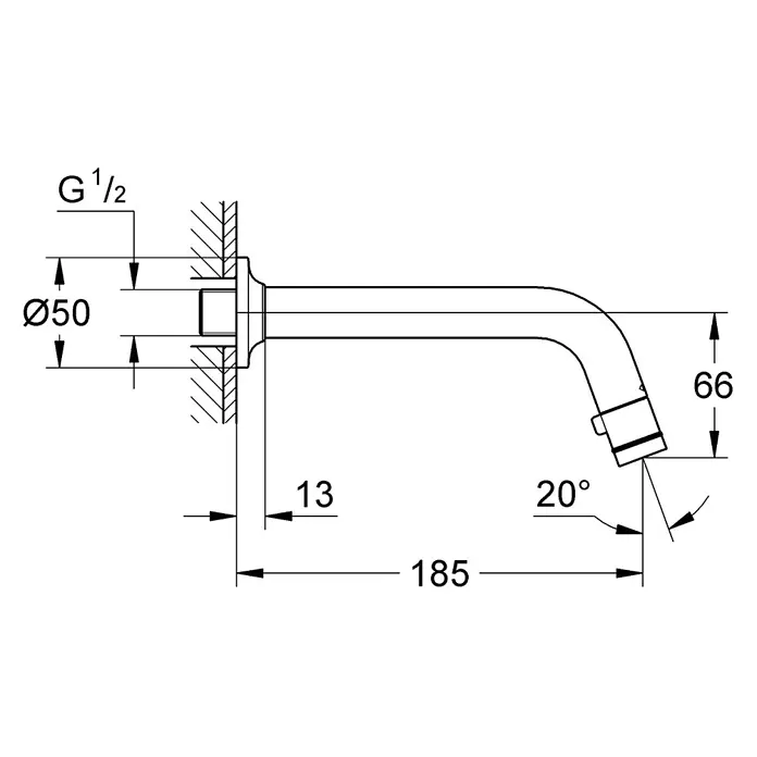 Grohe Waschtischarmatur Universal - Wandmontage, Chrom, Glänzend, Ausladung Armatur: 185 mm - Detailzeichnung eines Wasserhahns mit Maßangaben zu Durchmesser, Länge und Winkel. Die Armatur ist zur Wandmontage.