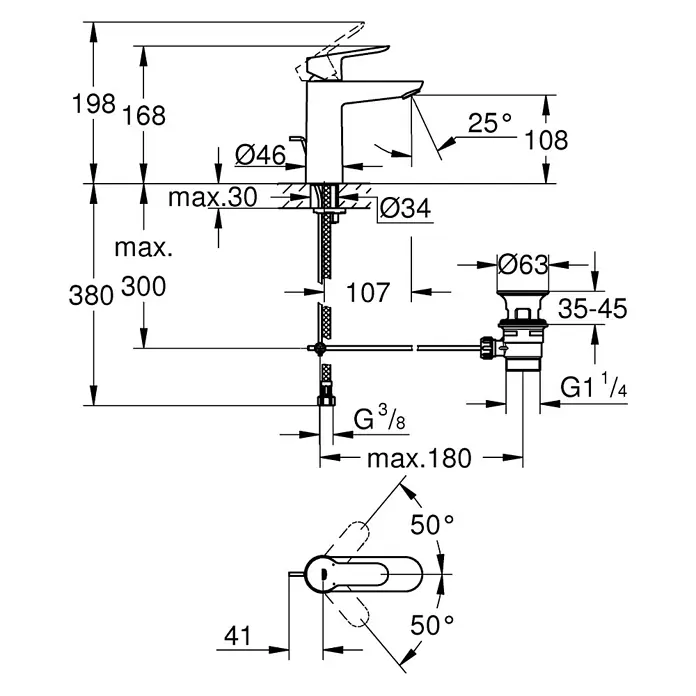Grohe BauEdge Waschtischarmatur M-Size - Chrom, Glänzend - Technische Zeichnung einer Armatur mit verschiedenen Maßangaben.