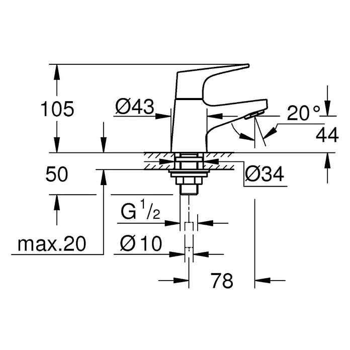 Grohe BauFlow Kaltwasser-Standventil XS-Size - Chrom, Glänzend - Technische Zeichnung einer Armatur mit den Maßen: 105 mm Höhe, 43 mm Durchmesser, 20° Winkel, 44 mm Ausladung.