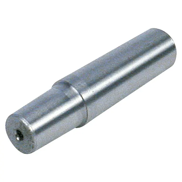 Rotwerk Drehmaschine EDM 300 DS - 250 W, Max. Werkstücklänge: 300 mm - Nahaufnahme eines silberfarbenen Metallstifts mit einer Bohrung an einem Ende. Der Stift hat unterschiedliche Durchmesser.
